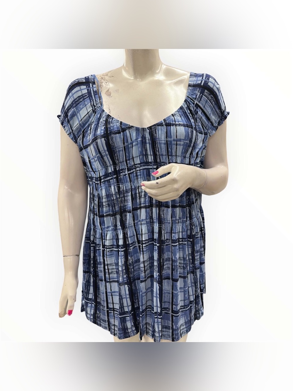 Penningtons Blue Plaid Scoop-Neck Tunic Top Size 3X